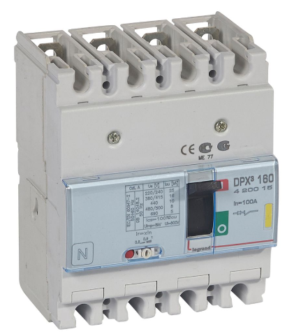 DPX³160 thermal magnetic release circuit breaker, 4 poles, with rated current of 100A and breaking capacity 16kA