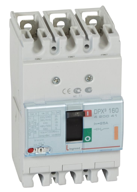DPX³160 thermal magnetic release circuit breaker, 3 poles, with rated current of 25A and breaking capacity 25kA