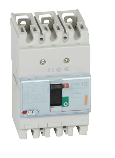 DPX³160 thermal magnetic release circuit breaker, 3 poles, with rated current of 80A and breaking capacity 25kA