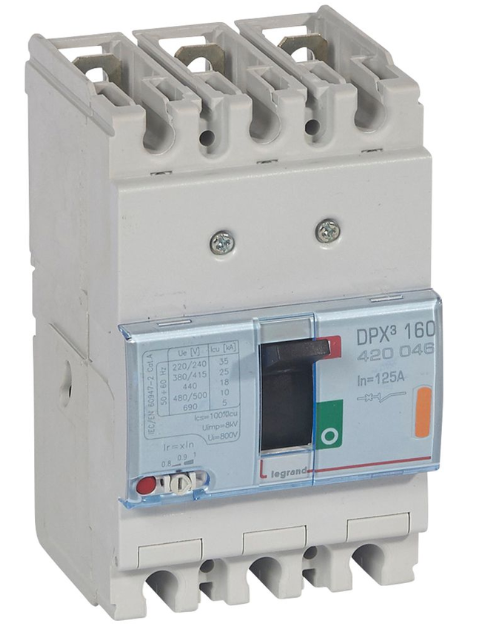 DPX³160 thermal magnetic release circuit breaker, 3 poles, with rated current of 125A and breaking capacity 25kA
