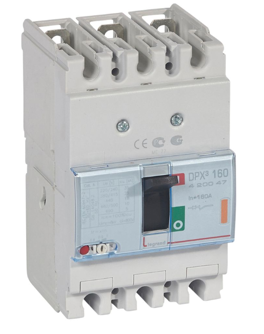 DPX³160 thermal magnetic release circuit breaker, 3 poles, with rated current of 160A and breaking capacity 25kA