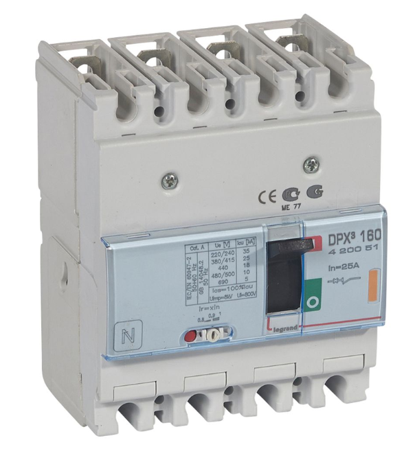 DPX³160 thermal magnetic release circuit breaker, 4 poles, with rated current of 25A and breaking capacity 25kA