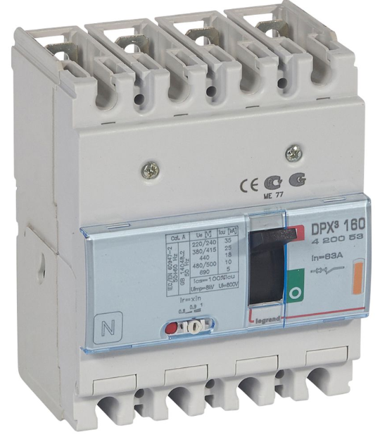 DPX³160 thermal magnetic release circuit breaker, 4 poles, with rated current of 63A and breaking capacity 25kA