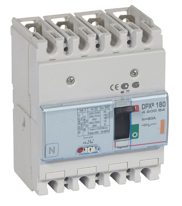 DPX³160 thermal magnetic release circuit breaker, 4 poles, with rated current of 80A and breaking capacity 25kA