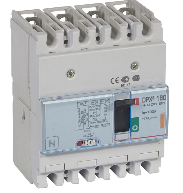 DPX³160 thermal magnetic release circuit breaker, 4 poles, with rated current of 100A and breaking capacity 25kA