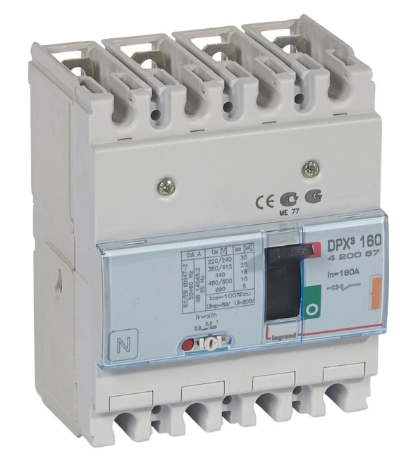 DPX³160 thermal magnetic release circuit breaker, 4 poles, with rated current of 160A and breaking capacity 25kA REF. 420057 EAN. 3245064200578