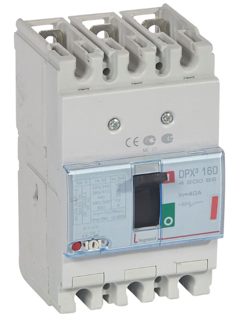 DPX³160 thermal magnetic release circuit breaker, 3 poles, with rated current of 40A and breaking capacity 36kA