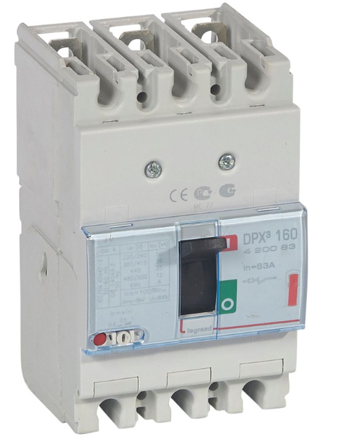 DPX³160 thermal magnetic release circuit breaker, 3 poles, with rated current of 63A and breaking capacity 36kA