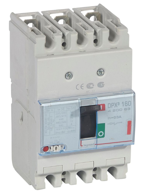 DPX³160 thermal magnetic release circuit breaker, 3 poles, with rated current of 80A and breaking capacity 36kA