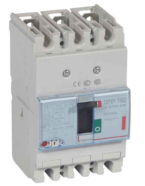 DPX³160 thermal magnetic release circuit breaker, 3 poles, with rated current of 100A and breaking capacity 36kA