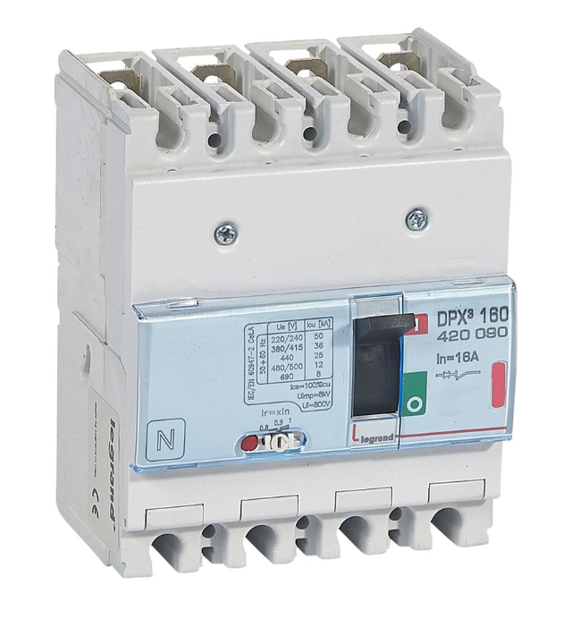DPX³160 thermal magnetic release circuit breaker, 4 poles, with rated current of 16A and breaking capacity 36kA