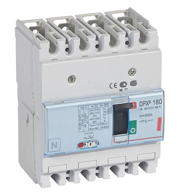 DPX³160 thermal magnetic release circuit breaker, 4 poles, with rated current of 25A and breaking capacity 36kA