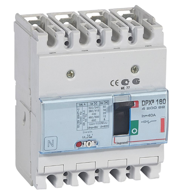 DPX³160 thermal magnetic release circuit breaker, 4 poles, with rated current of 40A and breaking capacity 36kA