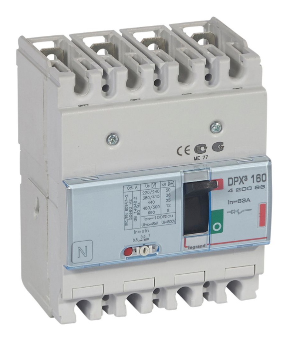 DPX³160 thermal magnetic release circuit breaker, 4 poles, with rated current of 63A and breaking capacity 36kA