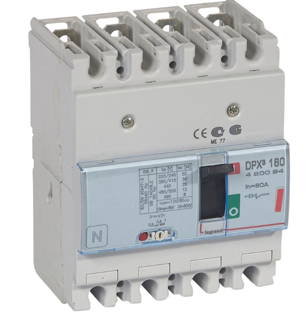 DPX³160 thermal magnetic release circuit breaker, 4 poles, with rated current of 80A and breaking capacity 36kA