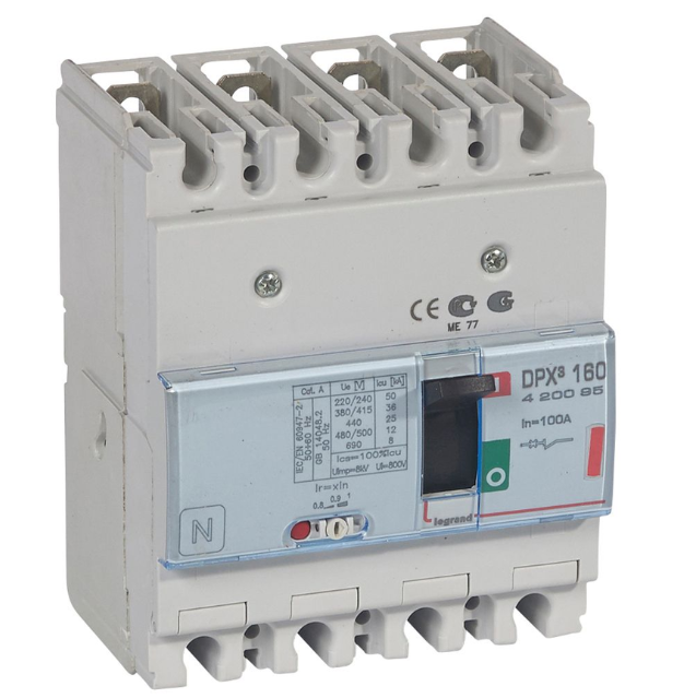 DPX³160 thermal magnetic release circuit breaker, 4 poles, with rated current of 100A and breaking capacity 36kA