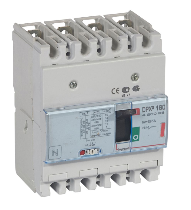 DPX³160 thermal magnetic release circuit breaker, 4 poles, with rated current of 125A and breaking capacity 36kA