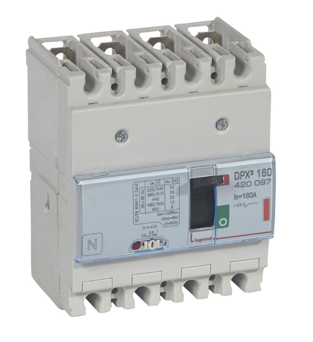 DPX³160 thermal magnetic release circuit breaker, 4 poles, with rated current of 160A and breaking capacity 36kA
