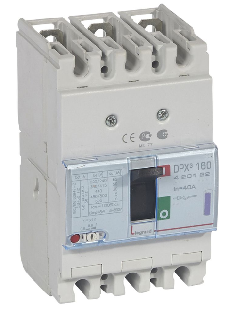 DPX³160 thermal magnetic release circuit breaker, 3 poles, with rated current of 40A and breaking capacity 50kA