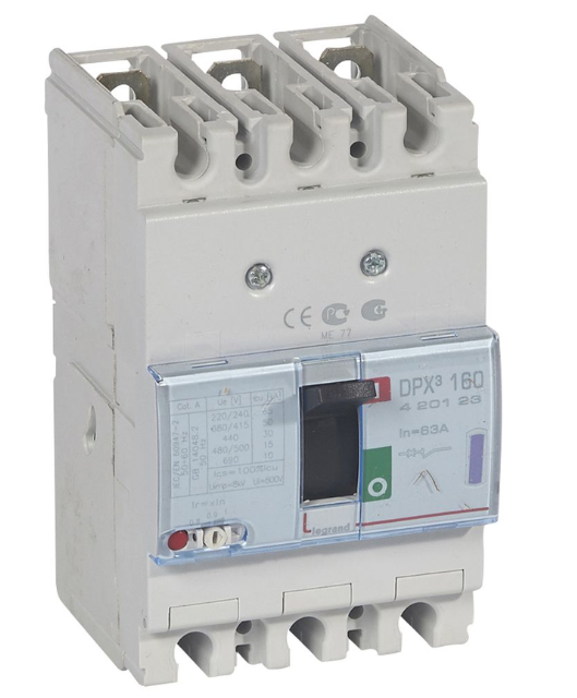 DPX³160 thermal magnetic release circuit breaker, 3 poles, with rated current of 63A and breaking capacity 50kA