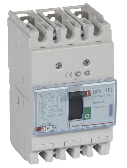 DPX³160 thermal magnetic release circuit breaker, 3 poles, with rated current of 80A and breaking capacity 50kA