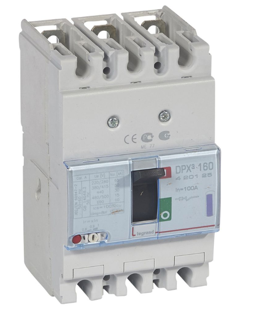 DPX³160 thermal magnetic release circuit breaker, 3 poles, with rated current of 100A and breaking capacity 50kA