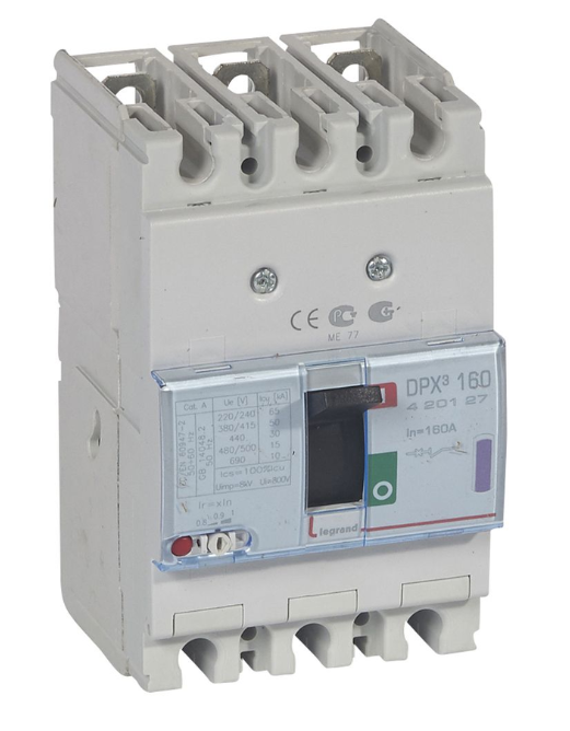 DPX³160 thermal magnetic release circuit breaker, 3 poles, with rated current of 160A and breaking capacity 50kA