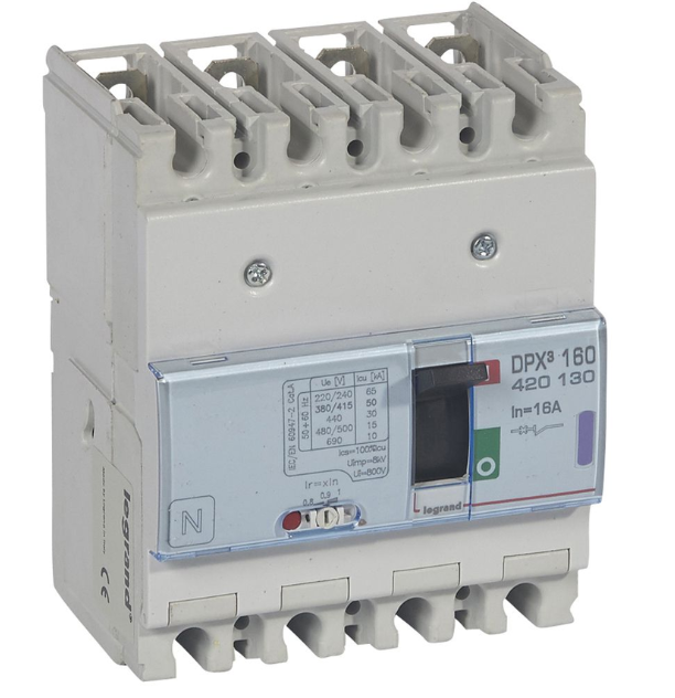 DPX³160 thermal magnetic release circuit breaker, 4 poles, with rated current of 16A and breaking capacity 50kA