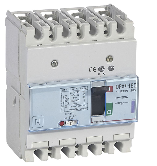DPX³160 thermal magnetic release circuit breaker, 4 poles, with rated current of 100A and breaking capacity 50kA