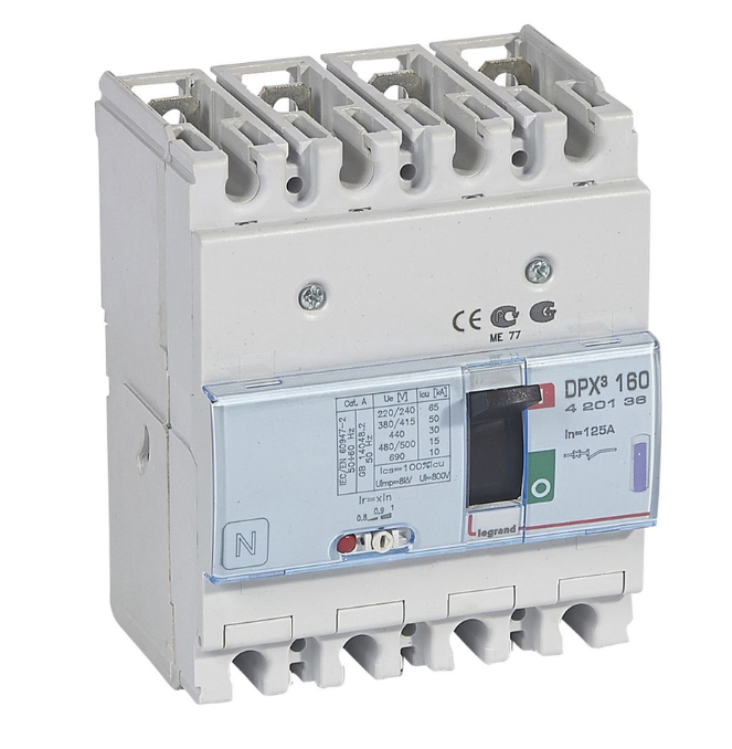 DPX³160 thermal magnetic release circuit breaker, 4 poles, with rated current of 125A and breaking capacity 50kA