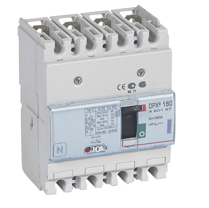 DPX³160 thermal magnetic release circuit breaker, 4 poles, with rated current of 160A and breaking capacity 50kA
