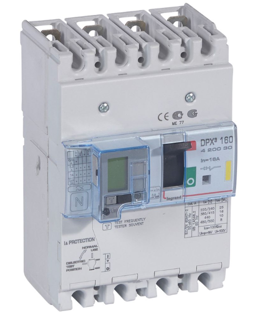 DPX³160 thermal magnetic release circuit breaker with earth leakage module, 4 poles 16A and breaking capacity 16kA