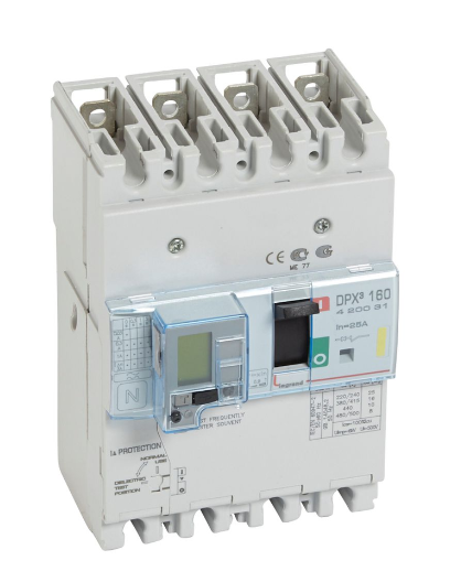 DPX³160 thermal magnetic release circuit breaker with earth leakage module, 4 poles 25A and breaking capacity 16kA
