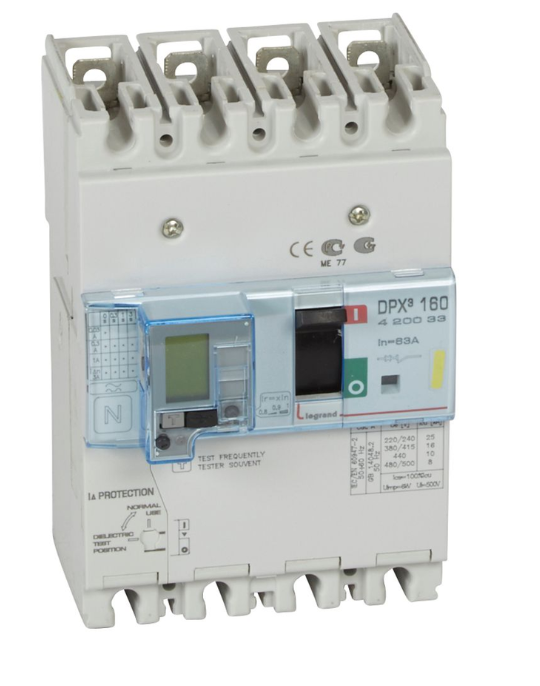 DPX³160 thermal magnetic release circuit breaker with earth leakage module, 4 poles 63A and breaking capacity 16kA