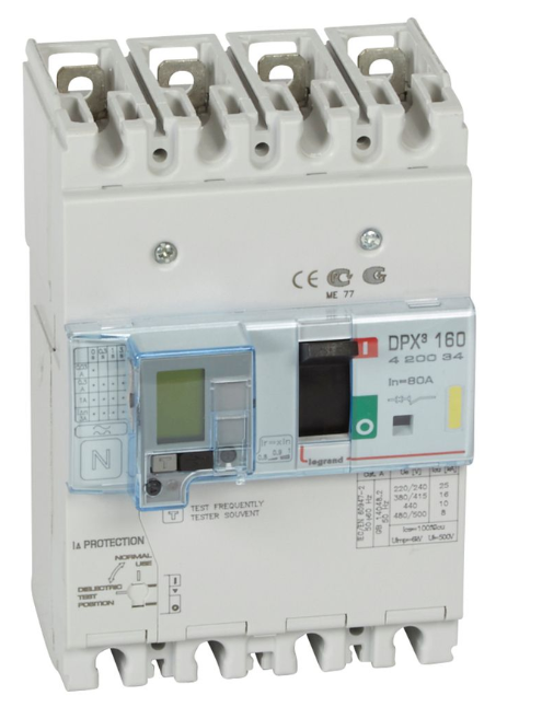 DPX³160 thermal magnetic release circuit breaker with earth leakage module, 4 poles 80A and breaking capacity 16kA