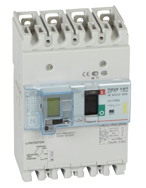 DPX³160 thermal magnetic release circuit breaker with earth leakage module, 4 poles 100A and breaking capacity 16kA