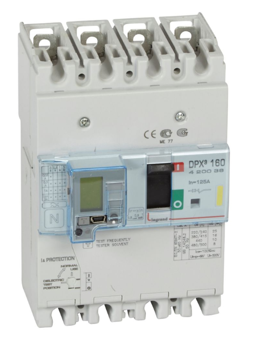 DPX³160 thermal magnetic release circuit breaker with earth leakage module, 4 poles 125A and breaking capacity 16kA
