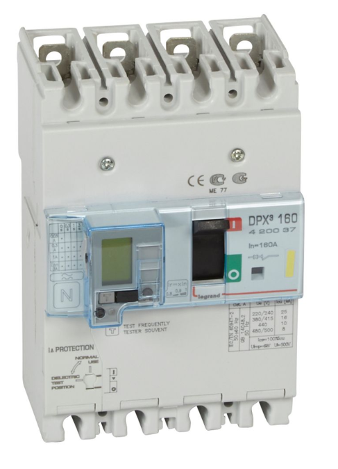 DPX³160 thermal magnetic release circuit breaker with earth leakage module, 4 poles 160A and breaking capacity 16kA