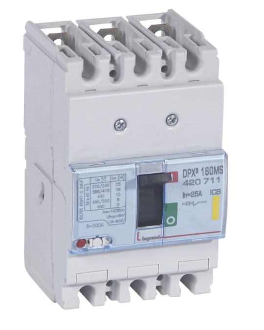 MCCB DPX³ 160 3-pole 25 A 16 kA power circuit-breaker 220V to 690 V IP30 protection Front side screw connection