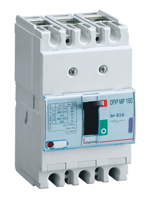 MCCB DPX³ 160 magnetic only 3-pole 63A 16kA Icu at 400V~ DIN rail mounting IP30
