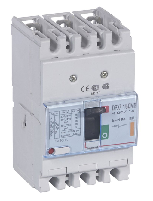 MCCB DPX³ 160 only mag 3P 16A 25kA - Fixed magnetic MCCB 3P 16A - 25kA Icu at 400V~ - Motor protection and switching