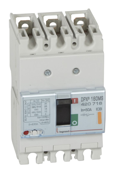 MCCB DPX³ - DPX³ 160 only mag 3P 50A 25kA - 3-pole magnetic-only protection - 25kA breaking capacity at 400V~ - DIN rail mounting