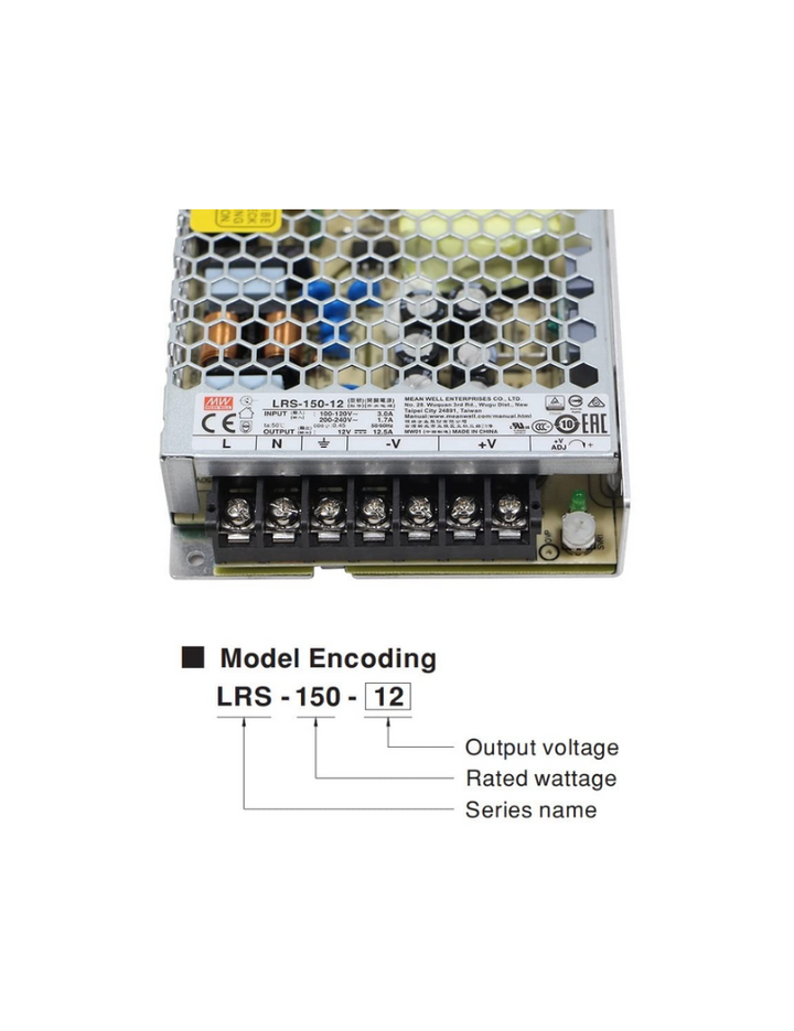 Mean Well 12V Power Supply LRS-150-12, Enclosed DC 150W 12.5A Single Output Switching Power Supply, with a Terminal Cover