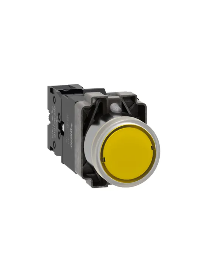 Illuminated push button, Easy Harmony XB2, metal, flush, orange, 22mm, spring return, 220V AC, 1NO