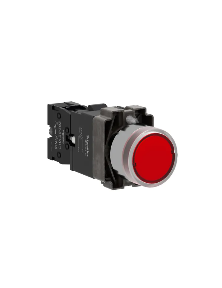 Complete illuminated push button, Easy Harmony XB2, metal, flush, red, 22mm, spring return, 220V AC, 1NO