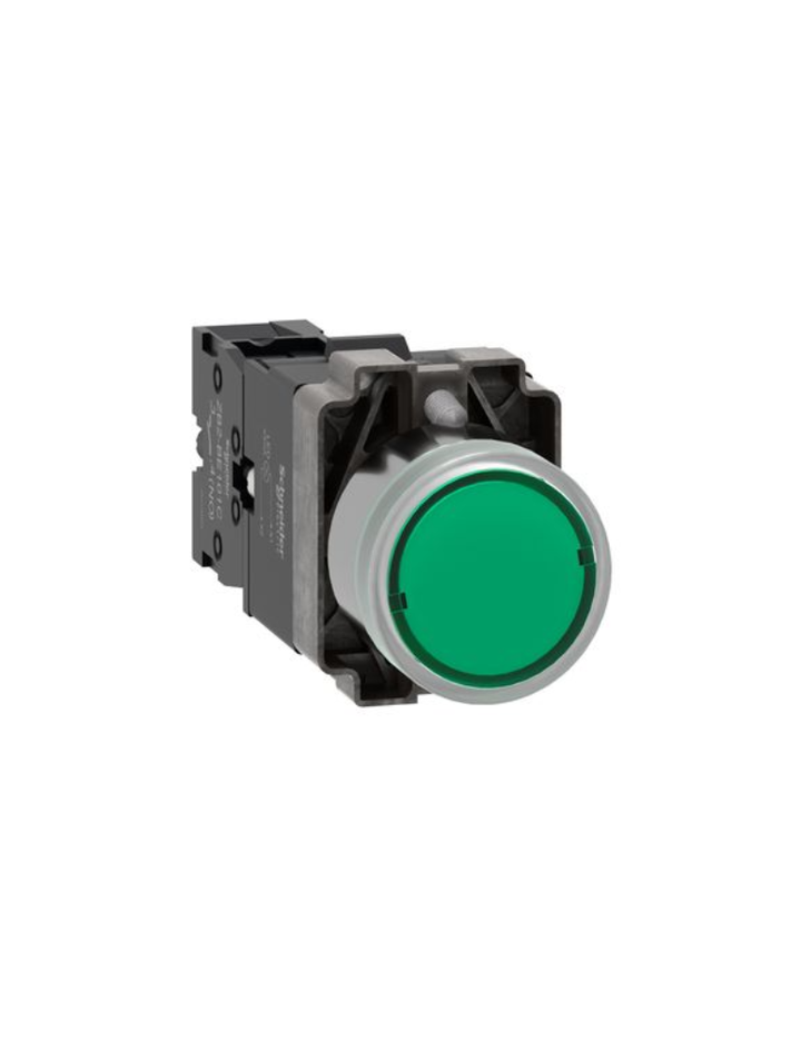 Complete illuminated push button, Easy Harmony XB2, metal, flush, green, 22mm, spring return, 220V AC, 1NO