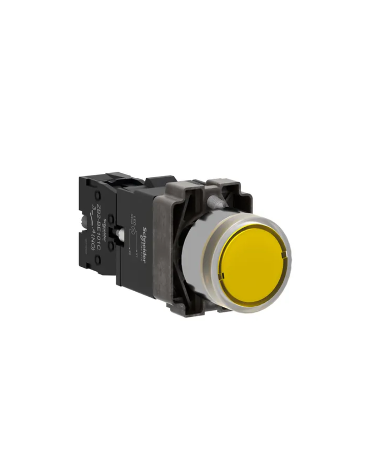 Illuminated push button, Easy Harmony XB2, metal, flush, orange, 22mm, spring return, 24V AC DC, 1NO