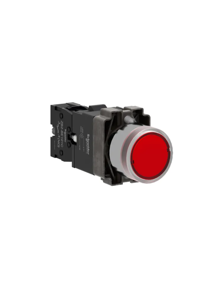 Illuminated push button, Easy Harmony XB2, metal, flush, red, 22mm, spring return, 24V AC DC, 1NO