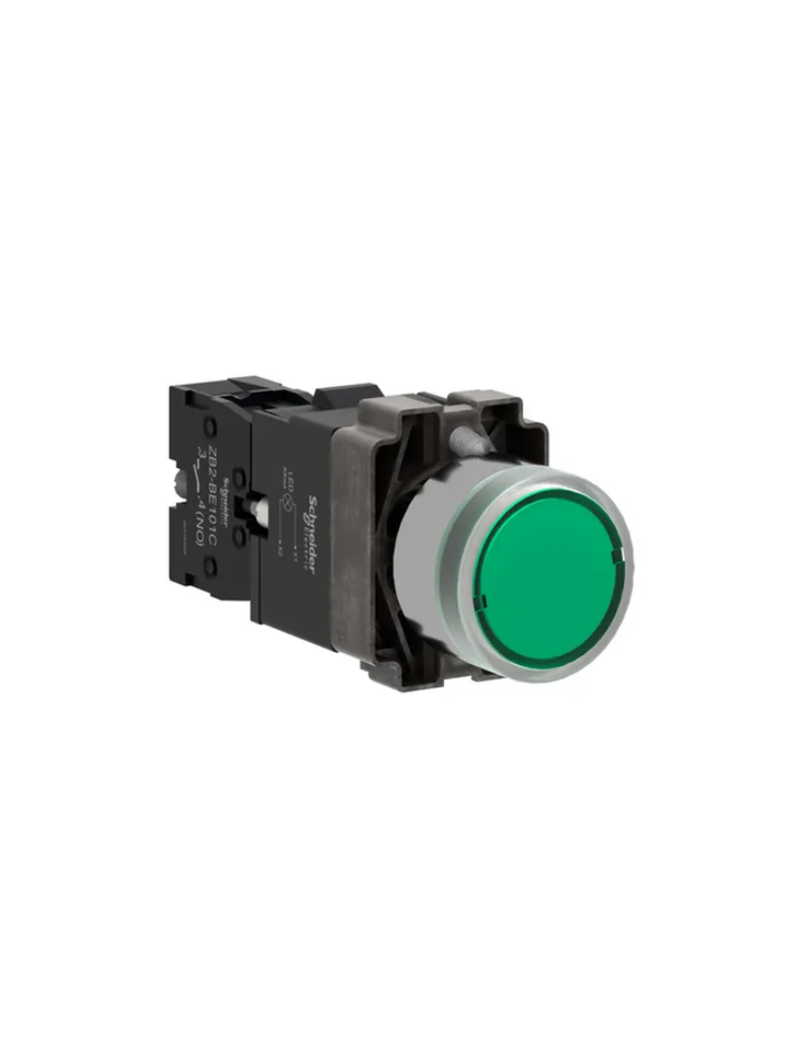 Illuminated push button, Easy Harmony XB2, metal, flush, green, 22mm, spring return, 24V AC DC, 1NO