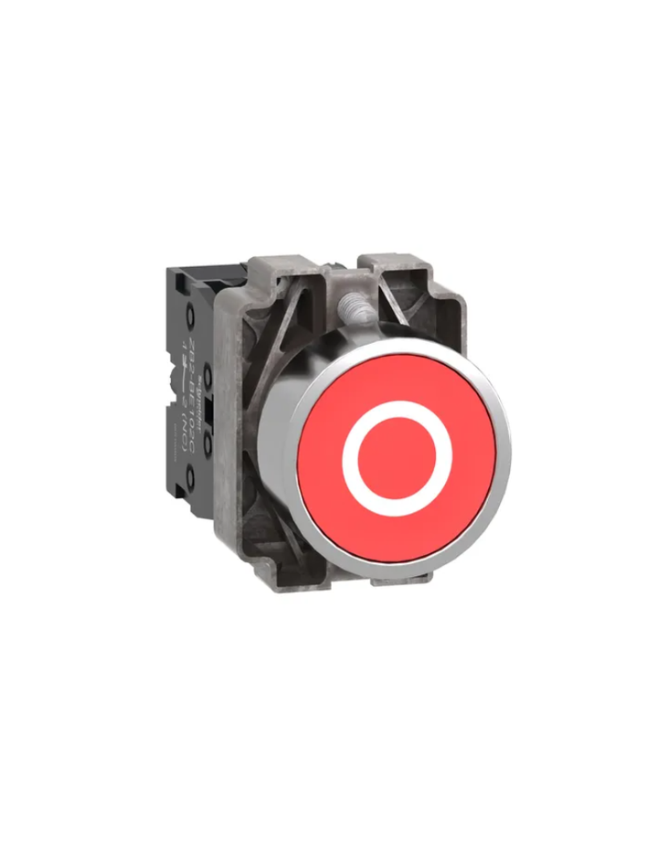 Push button, Easy Harmony XB2, metal, flush, red, 22mm, spring return, marked O, 1NC